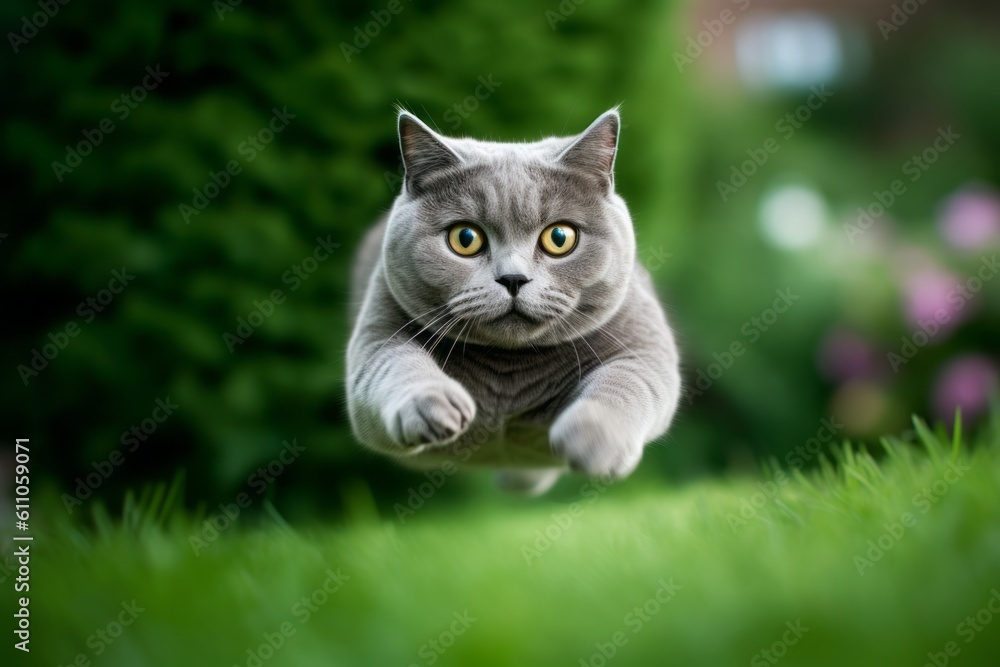 Environmental portrait photography of a funny british shorthair cat leaping against a lush green lawn. With generative AI technology