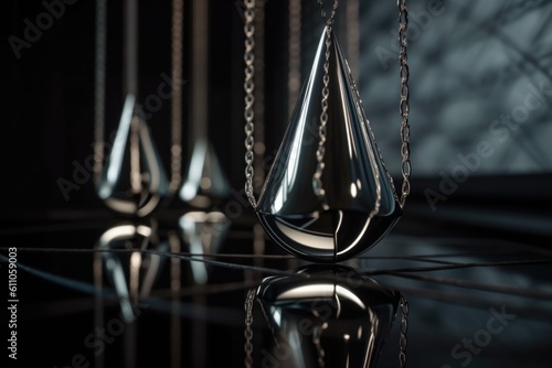 3d geometric form hanging from chain, with reflection in the background, created with generative ai