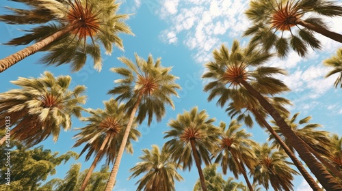 A group of palm trees with a blue sky in the background. Looking at the tops of palm trees with bright colors on warm summer day. Created with Generative Ai Technology © pham