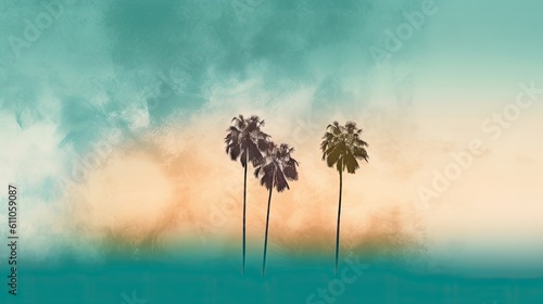 A painting of three palm trees in the ocean. Created with Generative Ai Technology