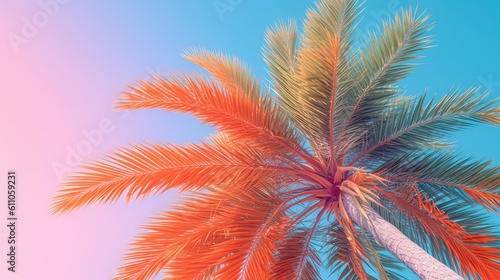 A palm tree is shown against a blue sky. Palm tree with pastel colors. Created with Generative Ai Technology © pham