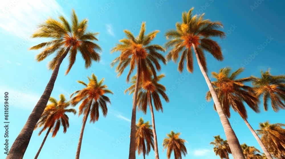 A group of palm trees with a blue sky in the background. Palm trees against blue sky photo realistic. Created with Generative Ai Technology