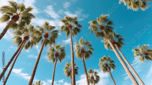 A bunch of palm trees with a blue sky in the background. Palm trees against blue sky photo realistic. Created with Generative Ai Technology © pham