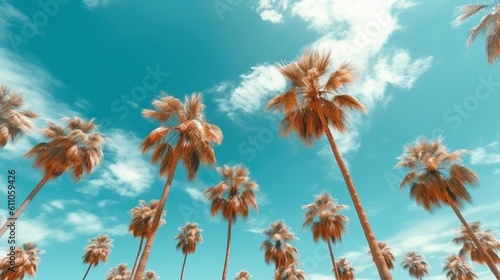 A bunch of palm trees with a blue sky in the background. Palm trees against blue sky photo realistic. Created with Generative Ai Technology © pham