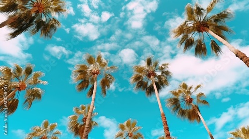 A group of palm trees with a blue sky in the background. Palm trees against blue sky photo realistic. Created with Generative Ai Technology © pham