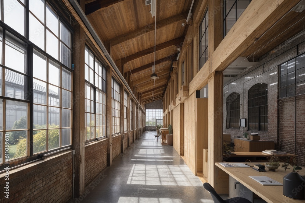 adaptive reuse and renovation project transforms cavernous warehouse into open, bright space perfect for offices, created with generative ai