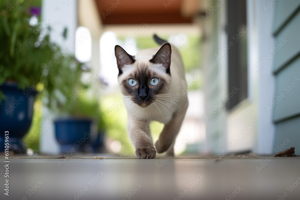 Lifestyle portrait photography of a curious siamese cat hopping against ...