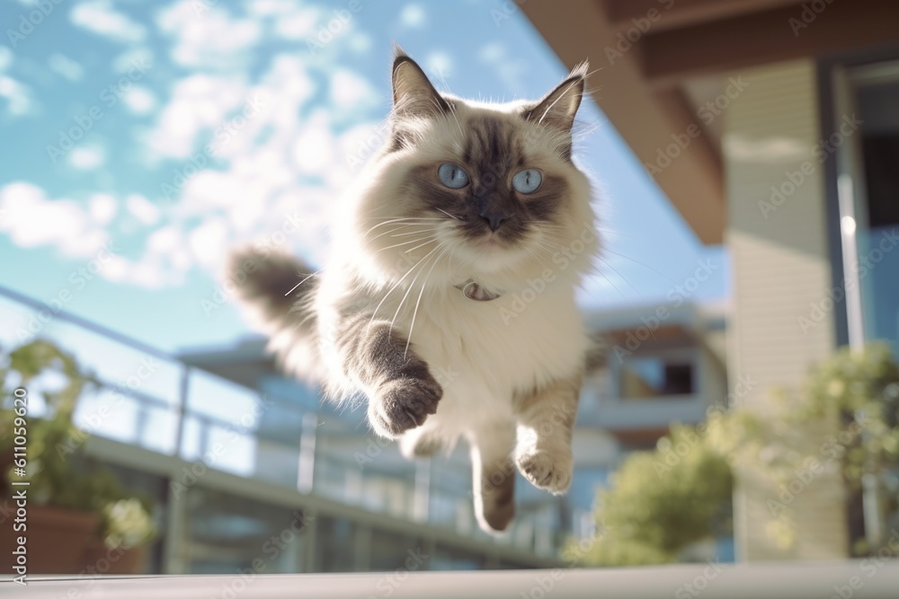 Medium shot portrait photography of a curious sacred birman cat leaping against a sunny balcony. With generative AI technology