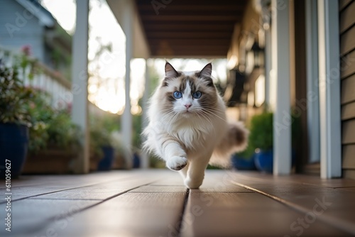 Medium shot portrait photography of a smiling ragdoll cat running against an appealing front porch. With generative AI technology photo