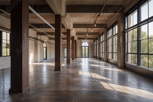 adaptive reuse and renovation project transforms cavernous warehouse into open, bright space perfect for offices, created with generative ai © altitudevisual