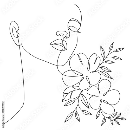 Womens day Line art vector illustration. female face potrait with flowers