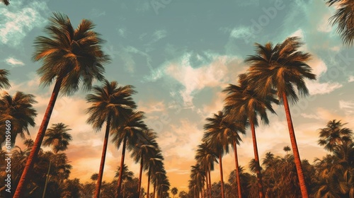 A painting of palm trees against a sunset sky. Created with Generative Ai Technology