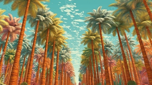 A painting of a palm tree lined road, with beautiful sky and white cloud showing the summer vibe. Created with Generative Ai Technology