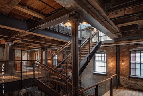 adaptive reuse and renovation project featuring industrial elements, such as exposed pipes and beams, created with generative ai