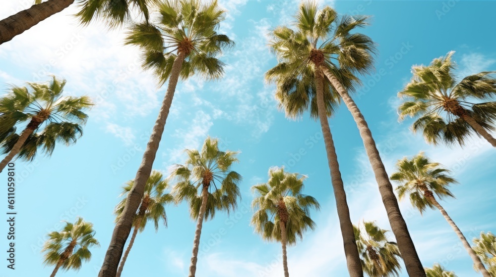 A group of palm trees with a blue sky in the background. Tropical Palm Trees: tall palm trees against a clear blue sky, symbolizing the tropical vibes of summer. Created with Generative Ai Technology