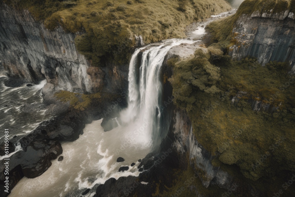 aerial view of roaring waterfall, with drone hovering nearby, created with generative ai