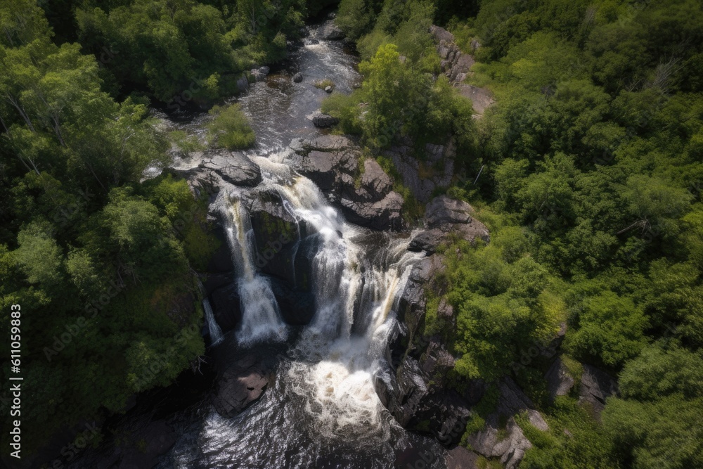 aerial view of roaring waterfall, with drone hovering nearby, created with generative ai