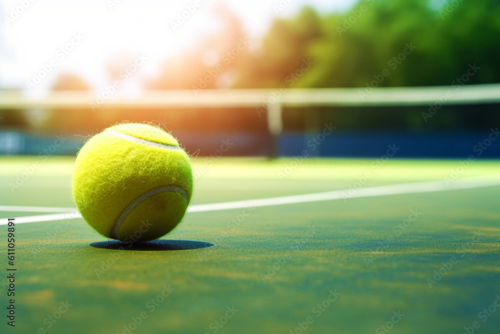 a tennis ball on a tennis court. the concept of sports, competitions and a healthy lifestyle. Space for copying. Generative AI