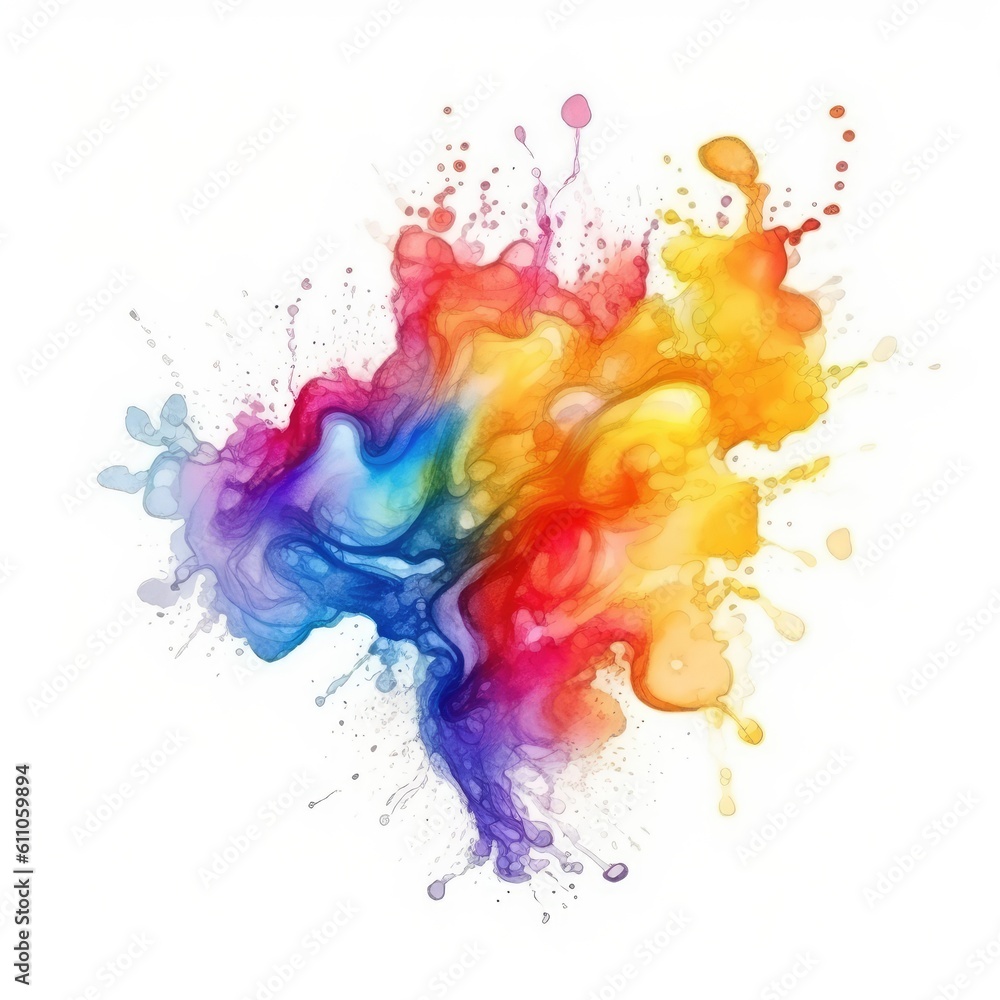 Watercolor rainbow ink splashing isolated on white background. Colorful paint splattered created with Generative Ai Technology