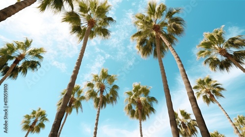 A group of palm trees with a blue sky in the background. Tropical Palm Trees: tall palm trees against a clear blue sky, symbolizing the tropical vibes of summer. Created with Generative Ai Technology