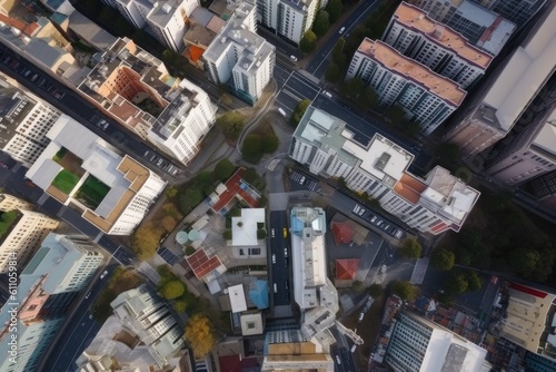 view of cityscape with aerial and drone perspectives, including shots from above and below, created with generative ai