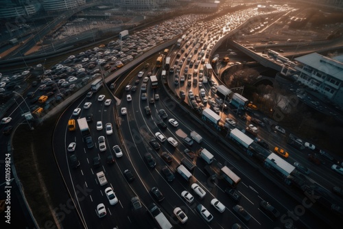 aerial view of busy highway with traffic in motion, created with generative ai