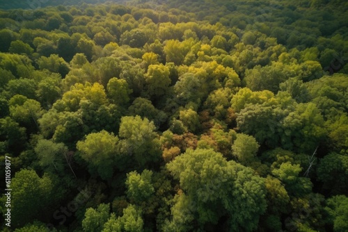 aerial view of forest with drone, showcasing the greenery and natural beauty, created with generative ai