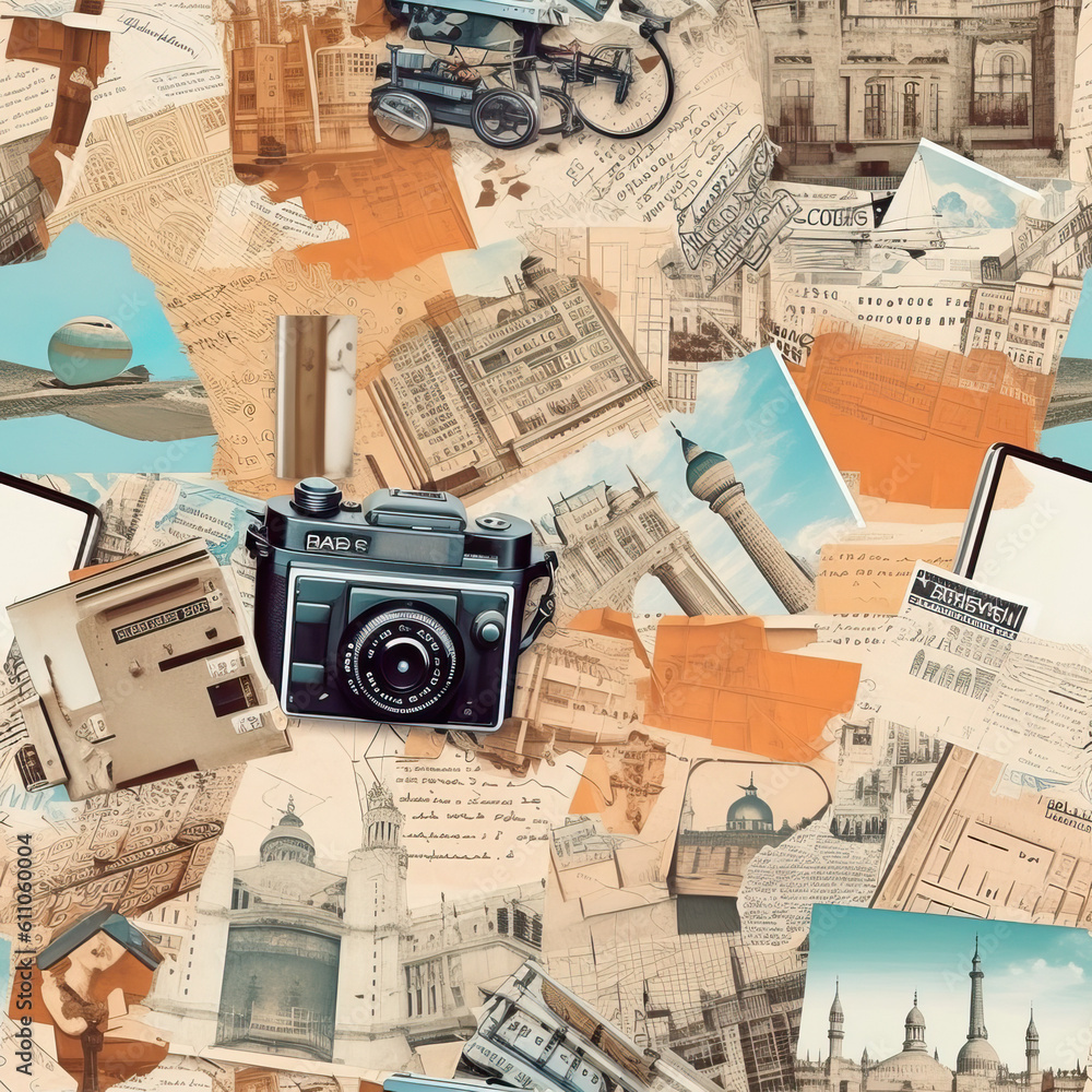 Fototapeta premium Travel themed collage scrapbook moodboard seamless repeat pattern [Generative AI] 