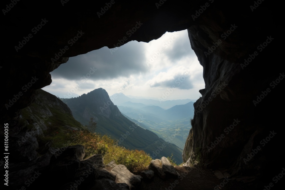 mountain cave, with view of the open skies, surrounded by clouds and silhouettes of distant peaks, created with generative ai