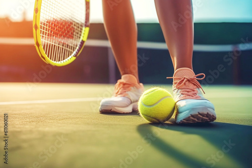 Legs of a female tennis player on a tennis court during a competition. Generative AI