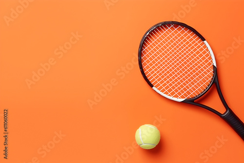 tennis racket and ball on an orange background, top view. The concept of sports, fitness, healthy lifestyle. Copy Space. Generative AI © evgeniia_1010