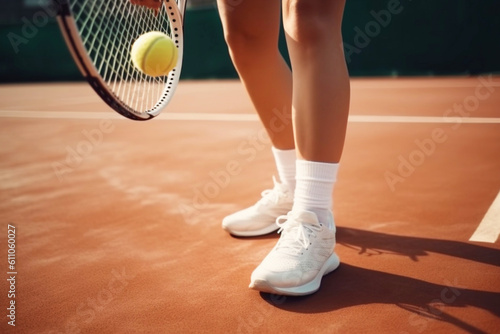 Legs of a female tennis player on a tennis court during a competition. Generative AI © evgeniia_1010