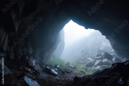 cave in mountain with fog, creating mysterious and otherworldly atmosphere, created with generative ai