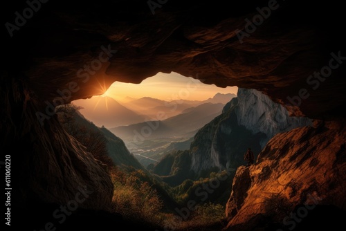 mountain cave with view of the sunrise, casting a warm glow over the mountains, created with generative ai