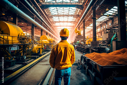 Engineer in yellow uniform while working inside the factory. Generative AI