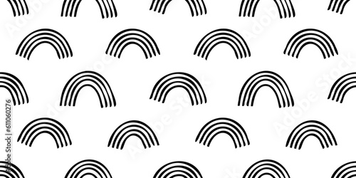 Abstract rainbow seamless pattern illustration. Black and white doodle rainbows in childish freehand style for children or cute background design.