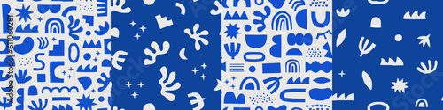 Abstract modern art seamless pattern with blue color geometric shapes. Organic flat cartoon background set. Simple cutout decorative element texture in contemporary style. Repeat wallpaper print.  
