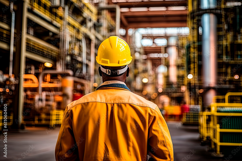 Engineer in yellow uniform while working inside the factory. Generative AI Engineer in yellow uniform while working inside the factory. Generative AI