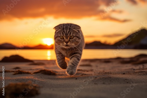 Environmental portrait photography of a curious scottish fold cat running against a captivating sunset. With generative AI technology