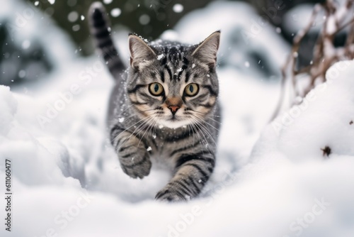 Medium shot portrait photography of a curious american shorthair cat pouncing against a snowy winter scene. With generative AI technology