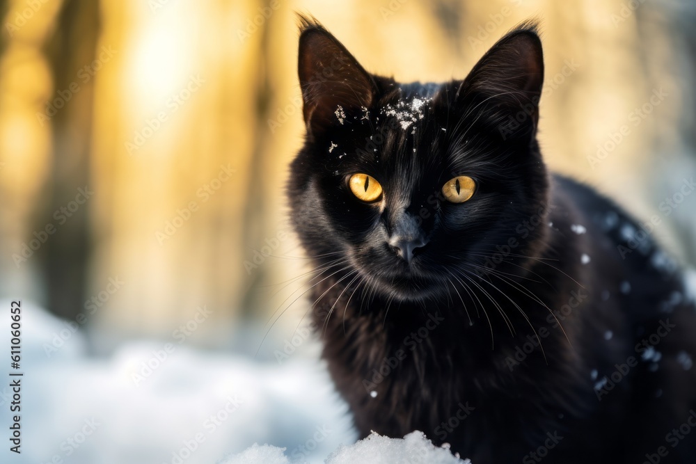 Medium shot portrait photography of a smiling bombay cat kneading with hind legs against a snowy winter scene. With generative AI technology