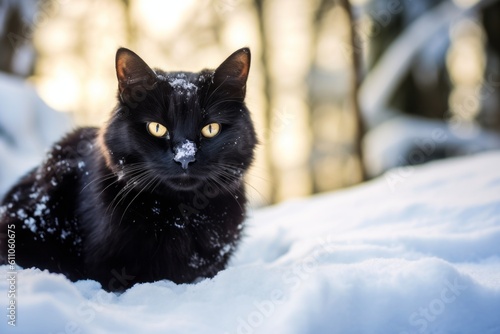 Medium shot portrait photography of a smiling bombay cat kneading with hind legs against a snowy winter scene. With generative AI technology © Markus Schröder