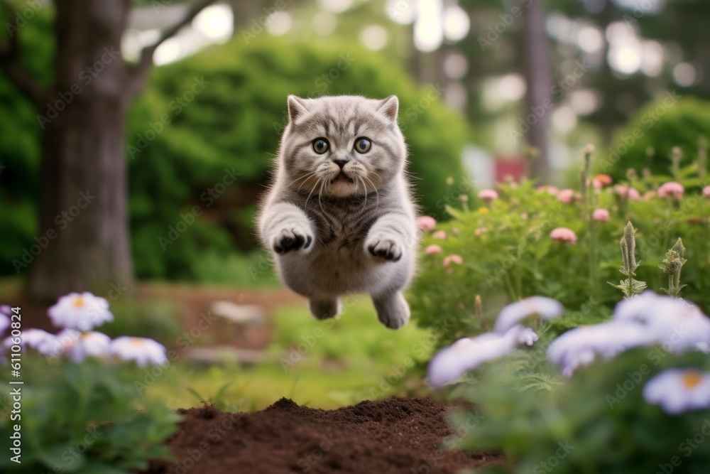 Medium shot portrait photography of a cute scottish fold cat leaping against a blooming spring garden. With generative AI technology