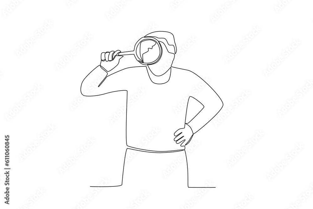 A researcher uses magnifying glasses. Researcher one-line drawing