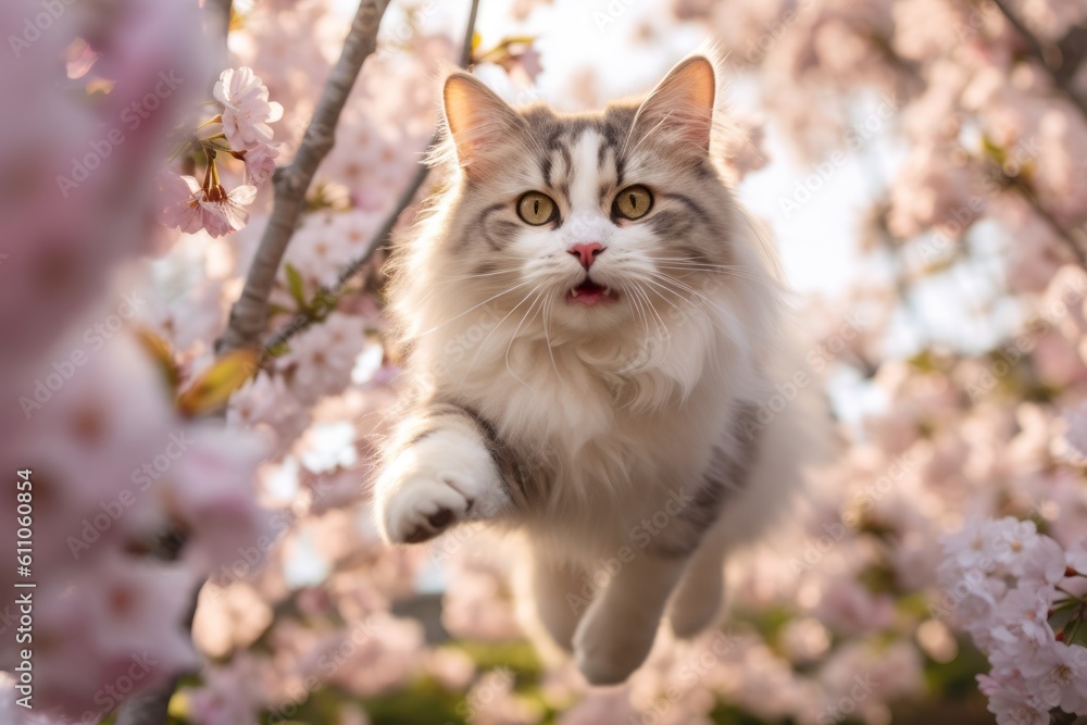 Lifestyle portrait photography of a cute neva masquerade cat leaping against a blooming spring garden. With generative AI technology Lifestyle portrait photography of a cute neva masquerade cat leaping against a blooming spring garden. With generative AI technology