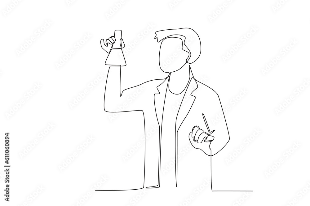 A researcher observed the solution inside the Erlenmeyer. Researcher one-line drawing A researcher observed the solution inside the Erlenmeyer. Researcher one-line drawing