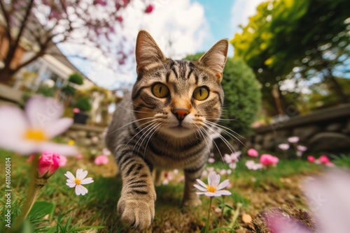 Medium shot portrait photography of a curious tabby cat back-arching against a blooming spring garden. With generative AI technology