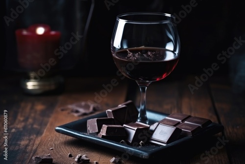 glass of red wine with piece of dark chocolate, created with generative ai