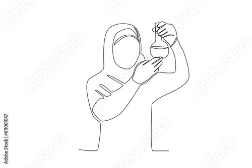 A researcher observes a substance inside a measuring flask. Researcher one-line drawing