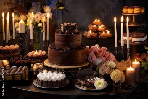 gorgeous display of chocolate cakes and desserts for special occasion, with candles and flowers, created with generative ai